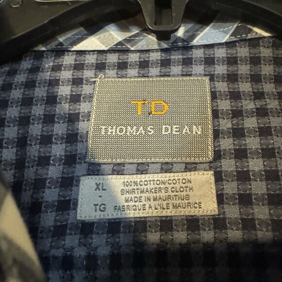 Thomas Dean Men's XL Blue Check Plaid Flip Cuff Long Sleeve Button Up Shirt - Picture 3 of 7